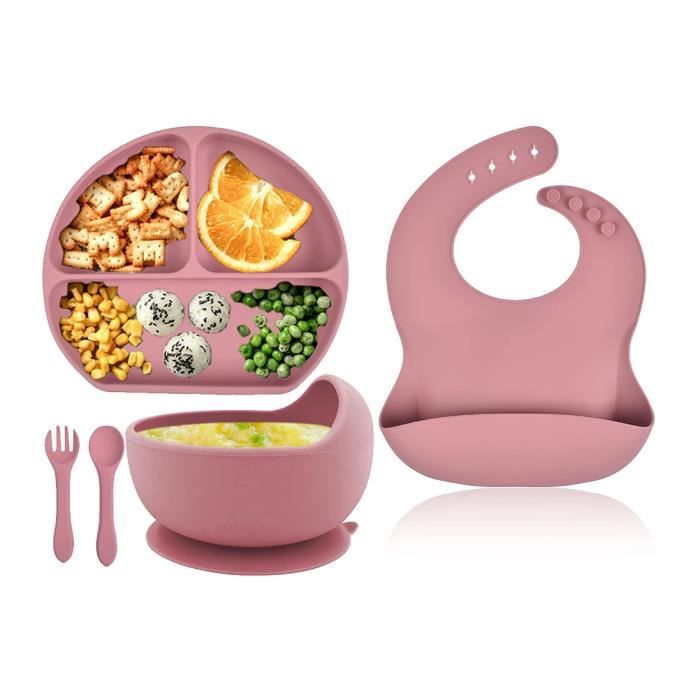 Assiette à ventouse pour bébé rose set de table en silicone antidérapant pour bébé assiette à ventouse en silicone avec fourchette et cuillère pour tout-petits bébé et nourrisson 