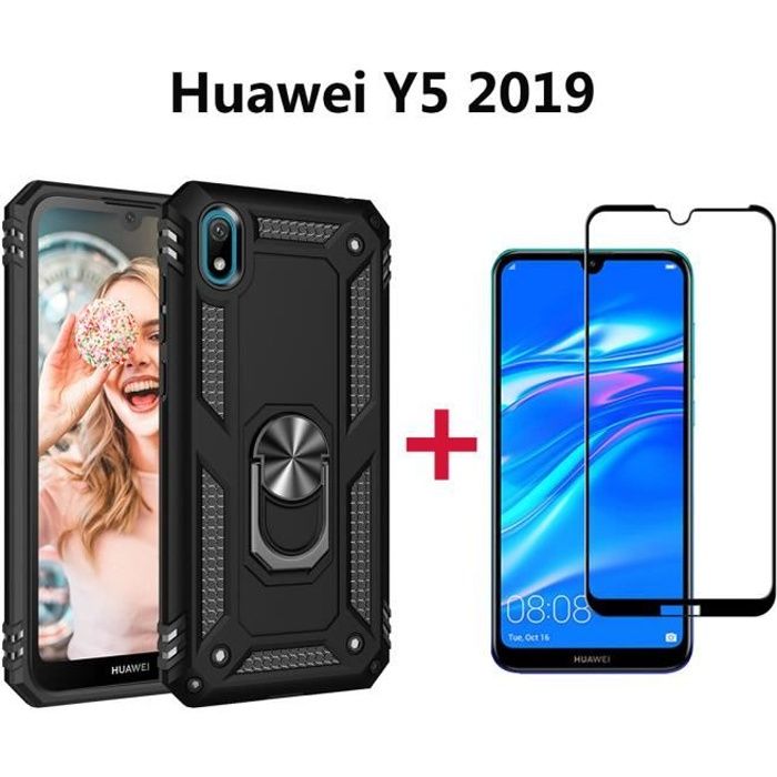 Coque Huawei Y5 2019 Coque avec Anneau Support Armure Housse Noir + HD