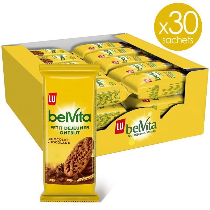 Belvita - Présentoir de 30 sachets - Petit Déjeuner Chocolat - Biscuits aux 5 Céréales Complètes et Pépites de Chocolat
