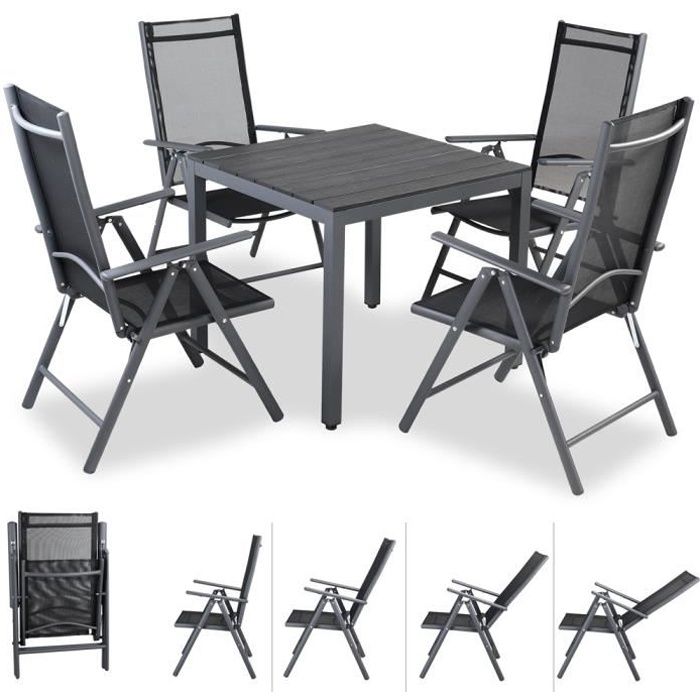 Salon de Jardin Aluminium Anthracite Bern 1 Table 4 chaises Pliantes Plateau de Table en Bois Composite Dossier réglable 7