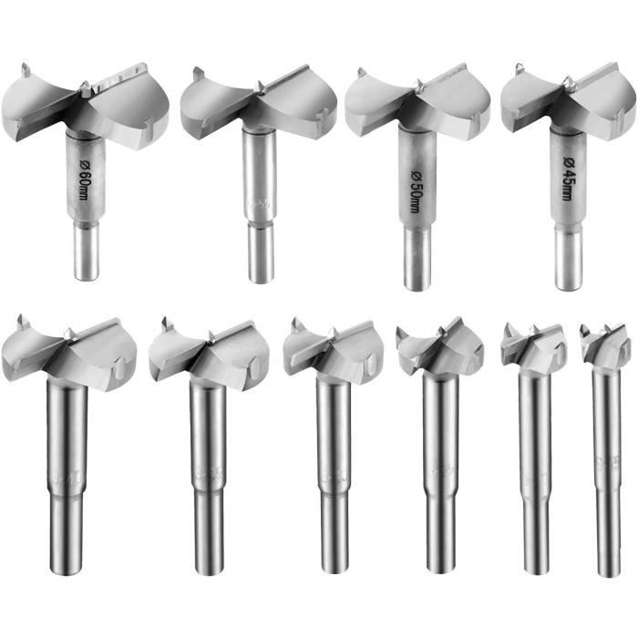 10 Pcs Meche Bois 15-60mm Fraise Bois Forstner Bits foret bois Meche a Faconner Mèche à Bois Carbure Installation de Portes