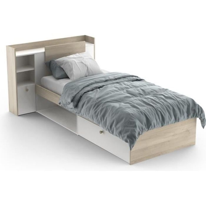 Lit enfant LIFE 1 personne - 90X190/200 - Rangements - Décor Chêne et blanc - DEMEYERE - Fabriqué en