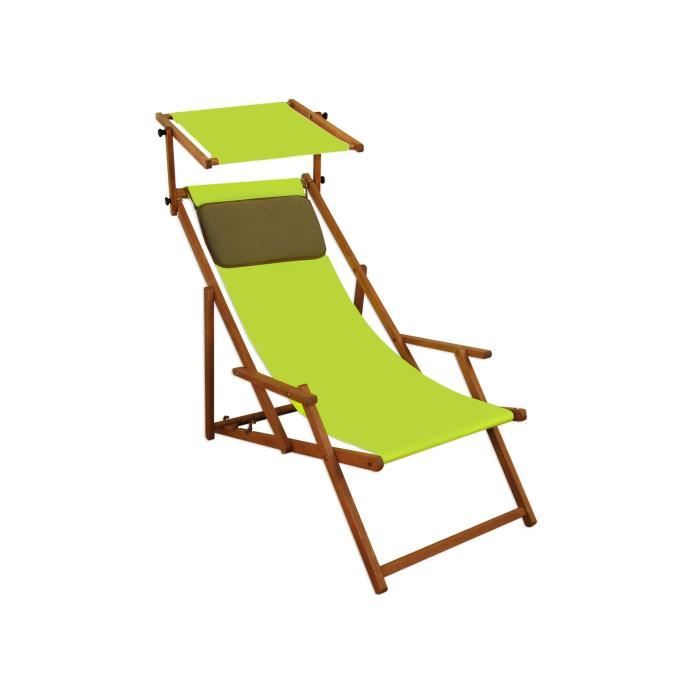 chaise longue de jardin en bois erst-holz - modèle 10-306skd - vert pistache - pare-soleil et oreiller inclus