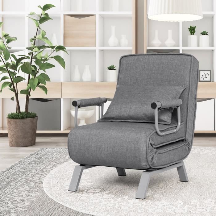 GIANTEX Fauteuil Relax Inclinable/ConvertibleDossier Réglable à 5 Niveauxavec Oreiller+ 2 Accoudoirspour BureauSalonTissu Gris