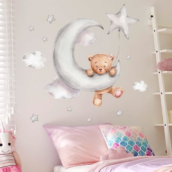 Stickers Chambre Enfant,Stickers Chambre Bébé,Sticker Mural Ours Lune Nuage  étoiles Dessin Animé - Cdiscount Maison