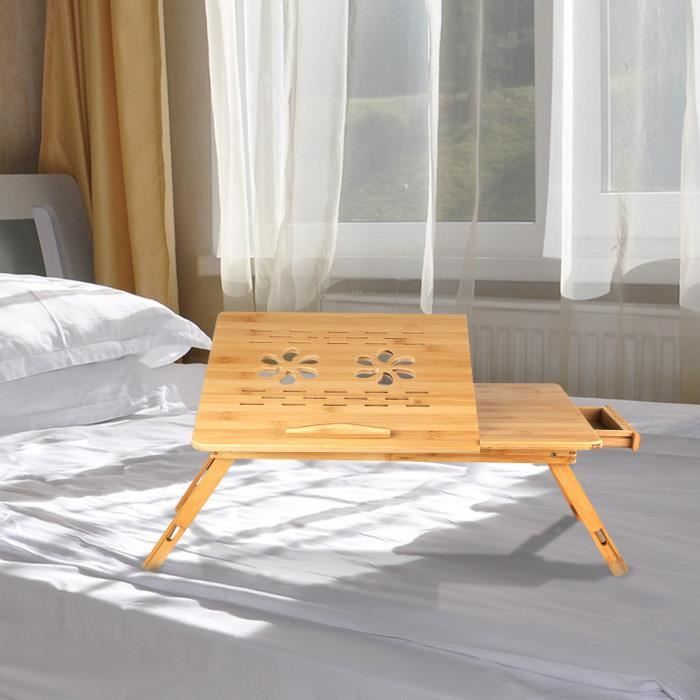 table de lit pliable - kedia - petite table en bambou pour ordinateur portable - 66*35*30cm - trous d’aération