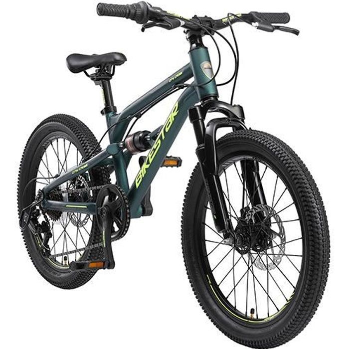 BIKESTAR | VTT Vélo tout terrain tout suspendu enfants 6+ ans | 20 pouces | 7 vitesses Shimano | Freins Disque | Vert foncé