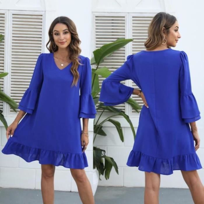 Robe tendance col en V coutures de couleur unie slim