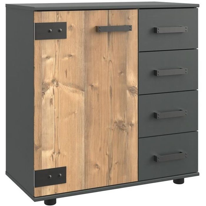 Commode meuble de rangement coloris imitation chêne/gris foncé - Longueur 81 x Hauteur 83 x Profondeur 41 cm Commode meuble de rangement coloris imitation chêne/gris foncé - Longueur 81 x Hauteur 83 x Profondeur 41 cm