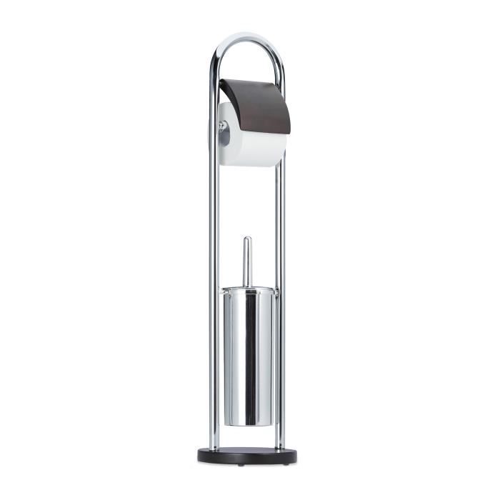Ensemble WC Sur Pied Relaxdays - Support Papier Toilette + Brosse WC - Acier Inoxydable, Argenté - 79 Cm