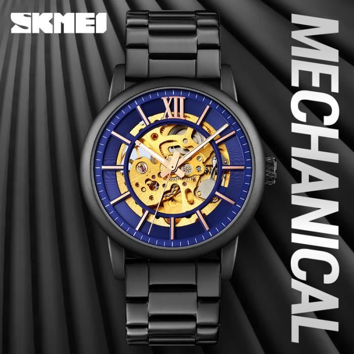 SKMEI Montre automatique pour hommes Cadran creux Bracelet en acier  inoxydable étanche Montre mécanique pour hommes , - Achat/vente montre Bleu  - Cdiscount