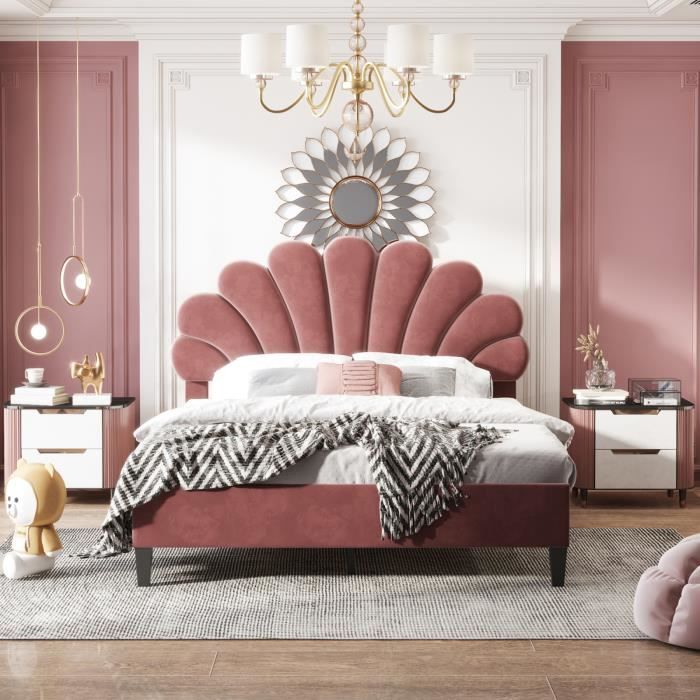 lit double, lit capitonné, lit adulte, lit 140x200 cm, avec tête de lit en forme de pétale, tissu velours, rouge