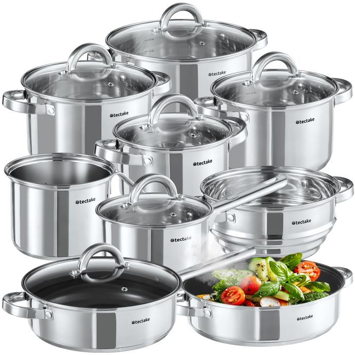 Batterie de cuisine - TECTAKE - Casseroles TURIN en acier inoxydable 15 pièces pour linduction avec couvercles en verre - Argent