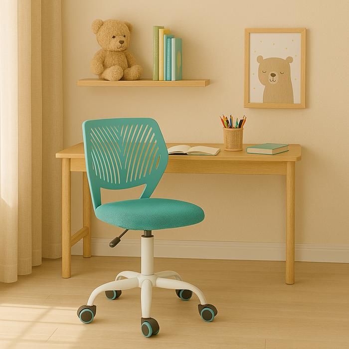 URBAN MEUBLE Chaise de bureau enfant réglable - Dossier ajouré vert lagon - Assise rembourrée - Pivotante à roulettes URBAN MEUBLE Chaise de bureau enfant réglable - Dossier ajouré vert lagon - Assise rembourrée - Pivotante à roulettes