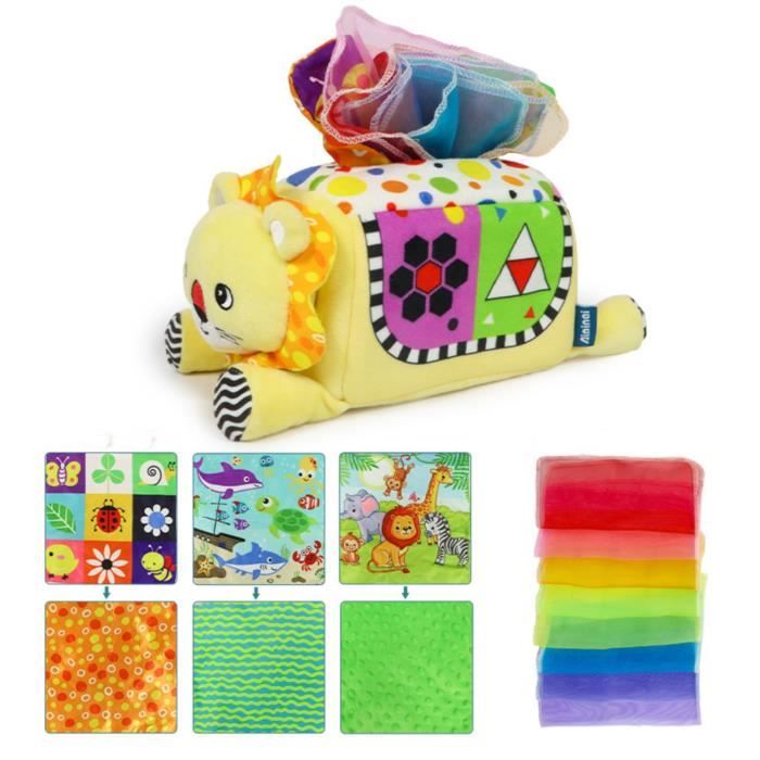 Jouet Bébé 6 Mois Hahaland - Boîte Mouchoirs Sensorielle Montessori Avec Tissus Et Sons - Cadeau 3-12 Mois
