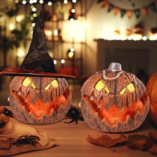 Citrouille lanterne lumineuse à DEL en résine For Living, noir, 8 po,  décoration intérieure activée par la lumière pour l'Halloween