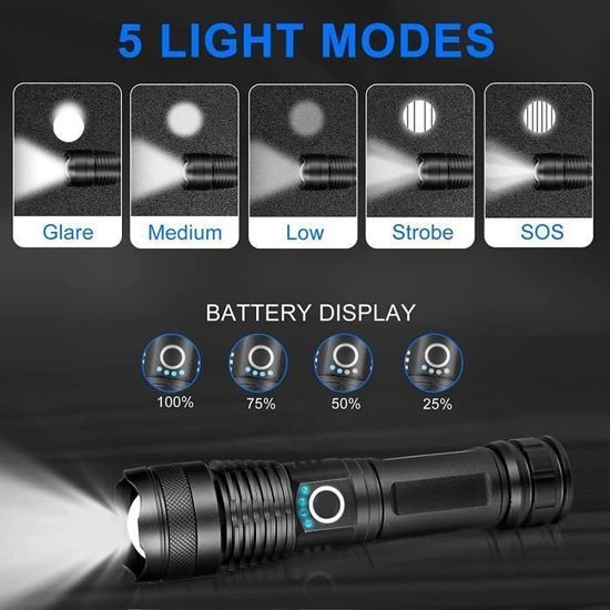 Lampe Torche LED Ultra Puissante,Lampe de Poche Rechargeable USB,90000 Lumens Lampe Torche