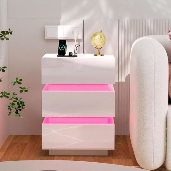 Table De Chevet LED Avec 2 Tiroirs - 52x35x45 Cm - 16 Couleurs, Télécommande - Noir Brillant
