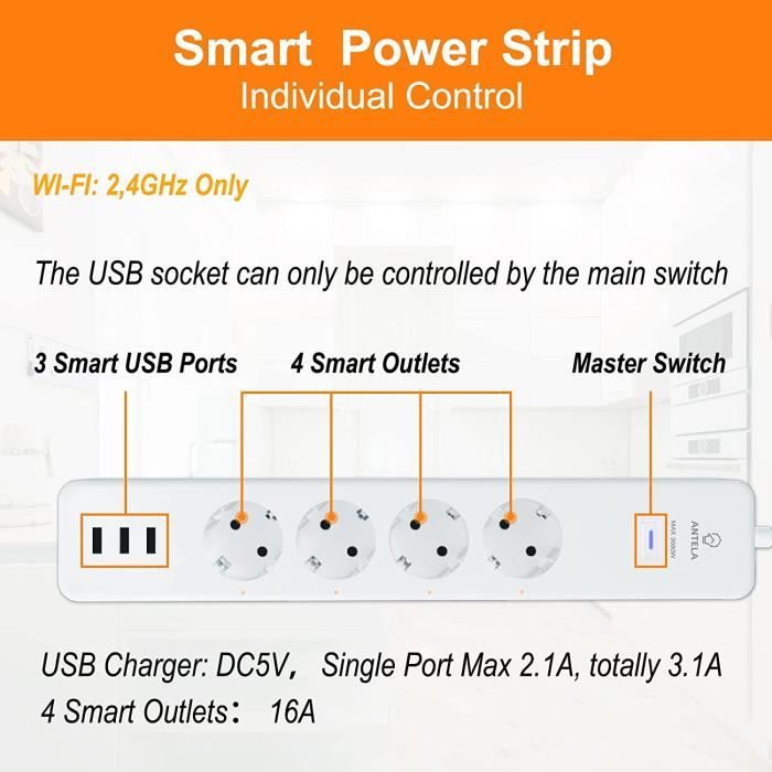 Multiprise Connectée WiFi 16A Prise Intelligente 4 Prises et 3 USB, Mesure  de Consommation Électrique, Compatible avec Alexa-[O32] - Cdiscount  Bricolage