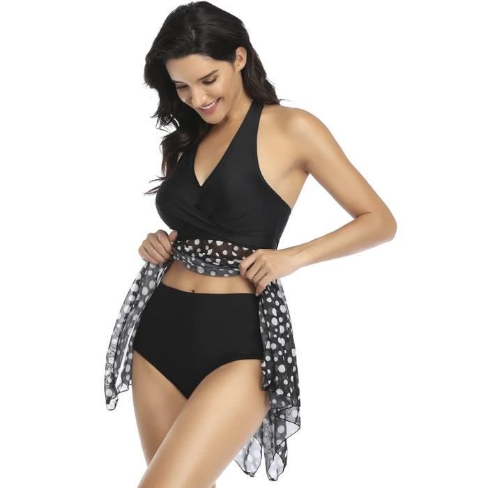 Femme Maillot de Bain Robe Tankini Amincissant Cache Ventre Push Up Bikini a Jupette Elegante Beachwear 2 Pieces Point Noir