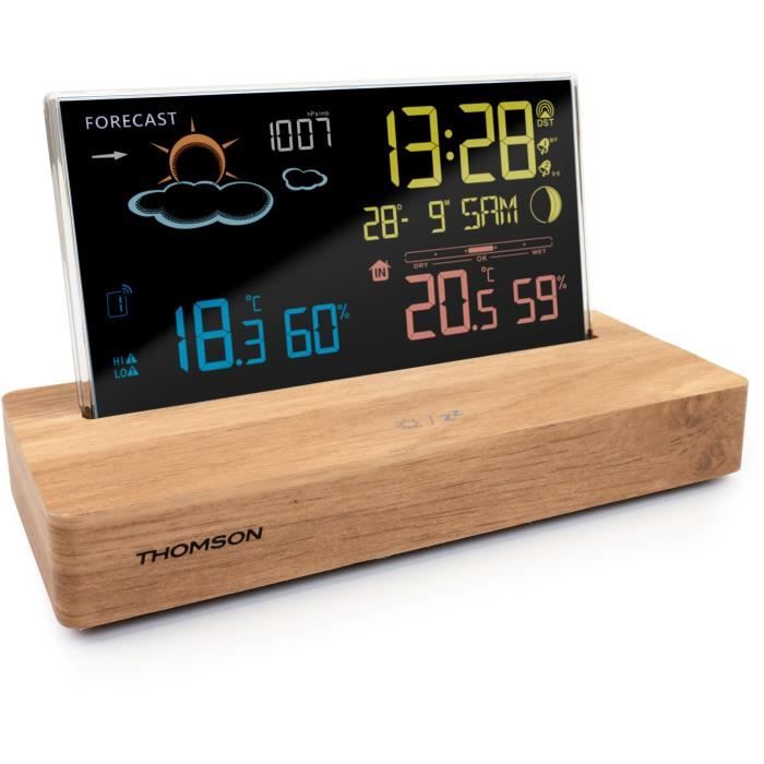 THOMSON Estación Meteorológica Con Despertador – Madera Oscura – Temperatura, Humedad, Doble Alarma, USB-C, Sonda Inalámbrica