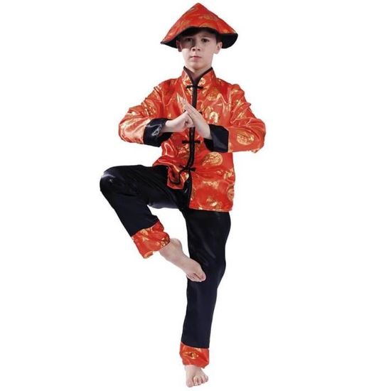 Costume enfant garçon en chinois noir, rouge et doré or 5/6 ans (x1