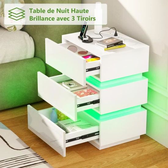 Table De Chevet Noire Avec 3 Tiroirs - Design Moderne Brillant, Dimensions 45x40x67 Cm