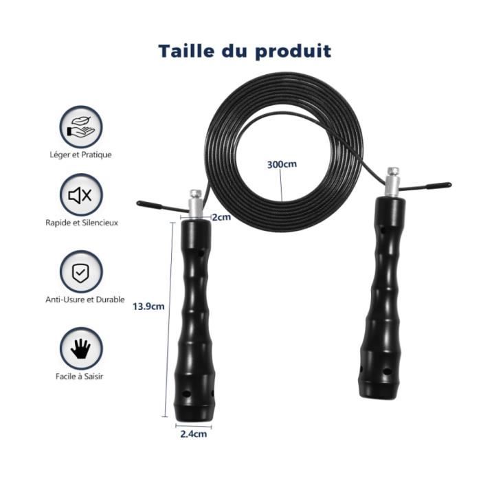 Corde à sauter de fitness noire, 3 mètres de long, réglable, avec roulements, anti-nœuds, corde Corde à sauter de fitness noire, 3 mètres de long, réglable, avec roulements, anti-nœuds, corde