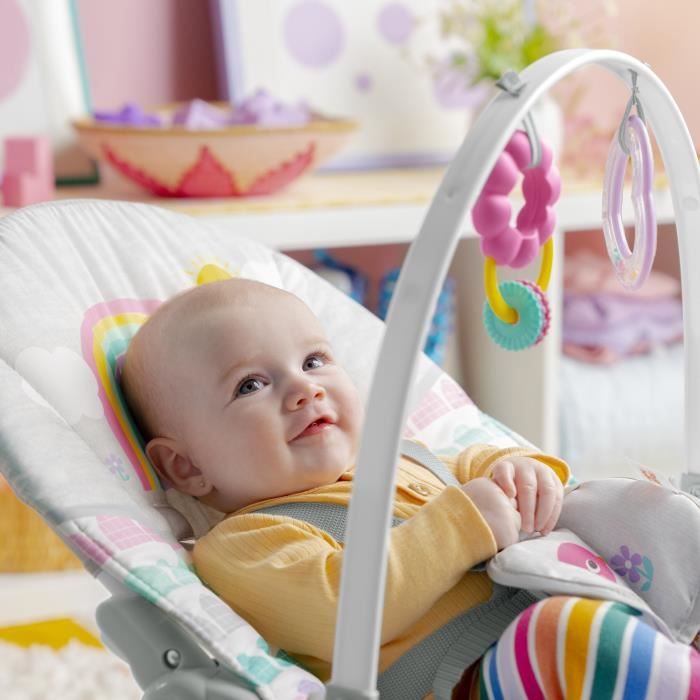 Transat Évolutif Bright Starts Rosy Rainbow - Vibrations Apaisantes, 2 Positions, Arche De Jeux Avec Peluches, Dès La Naissance Jusqu'à 18 Kg