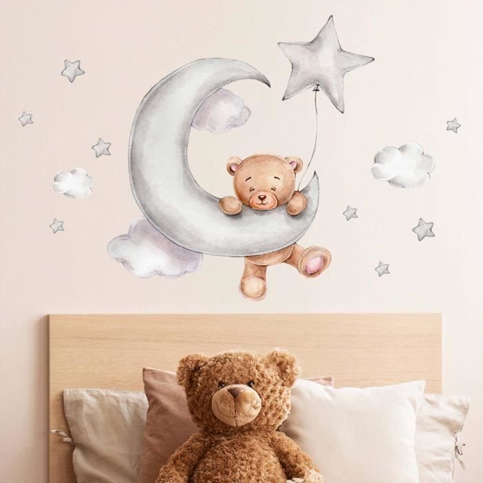 Stickers Chambre Enfant,Stickers Chambre Bébé,Sticker Mural Ours Lune Nuage  étoiles Dessin Animé - Cdiscount Maison