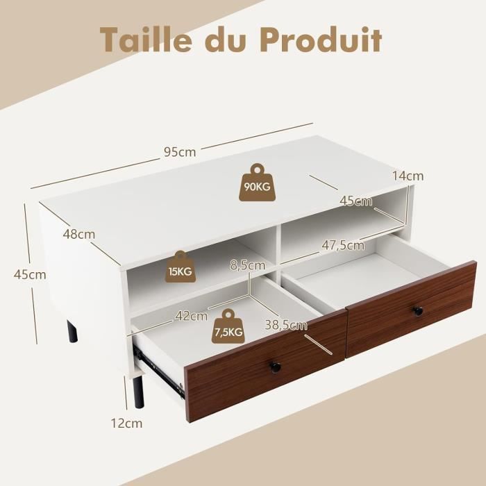 Table Basse Avec 2 Tiroirs - Planche à Motifs Marbre - Style Scandinave Blanc 97619238