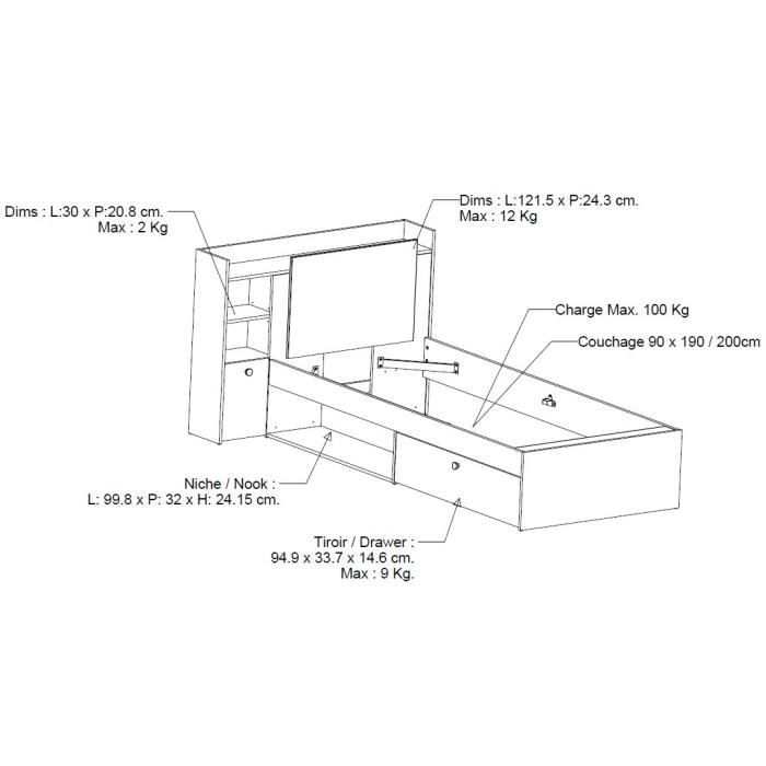 Lit 140 X 190 Cm Avec 3 Tiroirs Et 6 Niches Naturel Et Noir - CIKETO