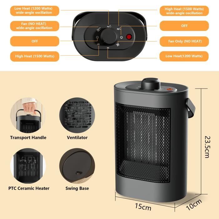 Radiateur Soufflant Céramique Chauffage électrique Thermostat Réglable  Protection Anti-surchauffe Chauffage d'appoint 1200w/750w - Cdiscount  Bricolage