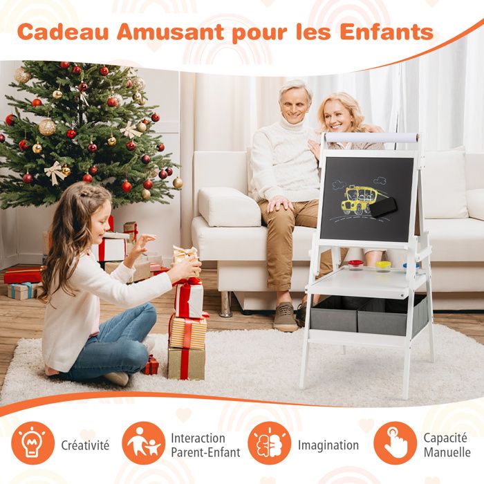 Chevalet 3 En 1 GOPLUS – Tableau Blanc, Noir Et Rouleau De Papier – Rangements – Pour Enfants 3-6 Ans – Blanc