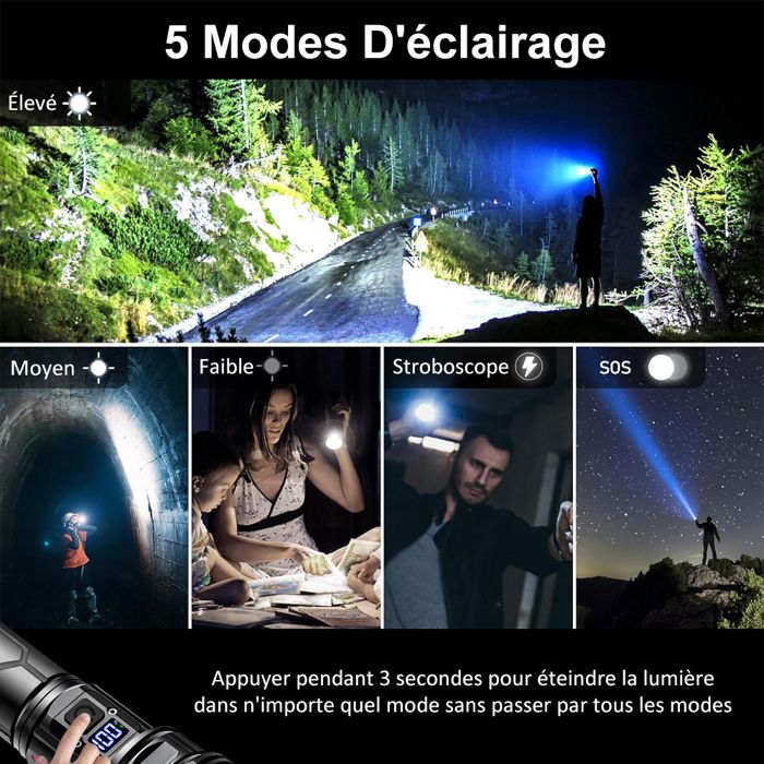 Lampe Torche LED 100 000 Lumens Rechargeable USB – Zoomable, étanche IPX4, 8 Modes, Pour Outdoor