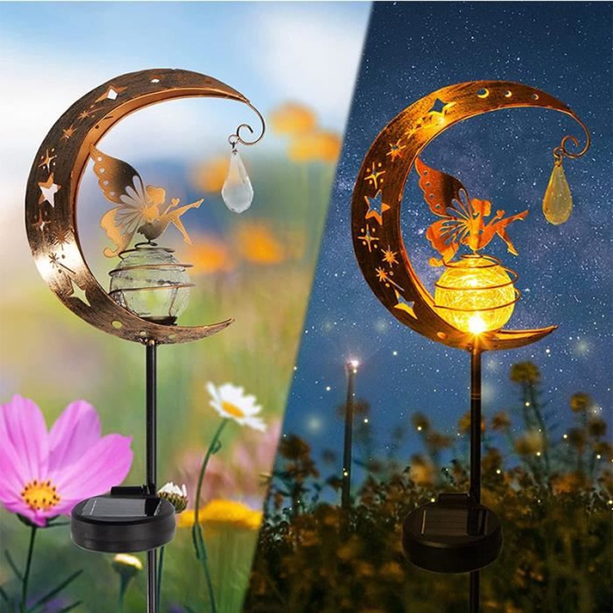 Lampes Solaires De Jardin En Forme De Lune – Boule En Verre Fissuré – IP65 étanche – Éclairage Automatique – Pour Allées, Patio