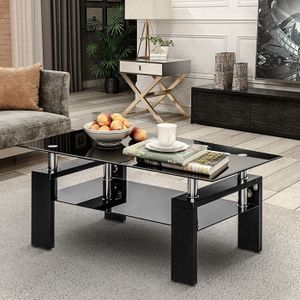 TABLE BASSE Table basse rectangulaire en verre trempé noir avec étagères de rangement, pièds en métal, pour salon 100 x 60 x 45 cm