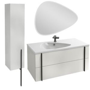 MEUBLE VASQUE - PLAN Meuble lavabo simple vasque 100 cm JACOB DELAFON Nouvelle Vague blanc brillant + colonne de salle de bain version gauche + miroir