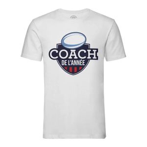 T-SHIRT T-shirt Homme Col Rond Blanc Coach de l'année Rugby Sport Ballon Stade XV
