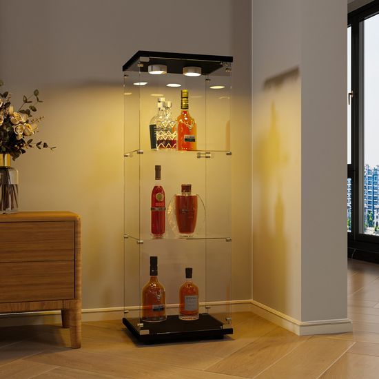 Vitrine D'angle En Verre Avec LED 3 Couleurs - 165 Cm De Haut - 4 étagères Réglables - Capteur De Présence - Verrouillable