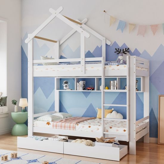 Lit Mezzanine Enfant 90x200 Avec Bureau Et Rangement | Bois Blanc | Multifonctionnel Pour Chambre
