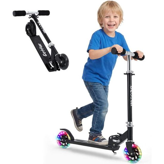 Trottinette Enfant 3 Roues Réglable En Hauteur – Guidon Inclinable, Roues LED Sans Pile, Pliable, Dès 3 à 12 Ans, Noir