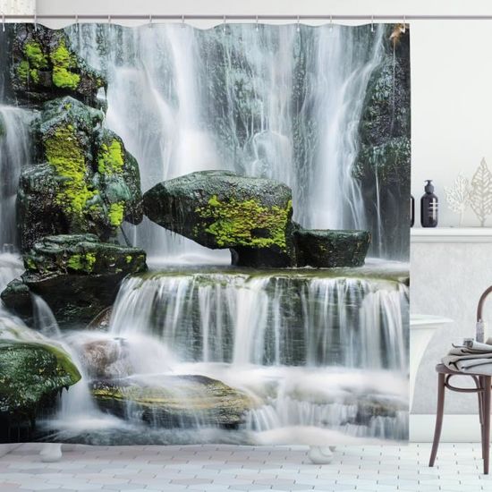 Abakuhaus Cascade Rideau de Douche, Chute d'eau avec des roches, 175 x 200 CM, Vert Noir et Blanc