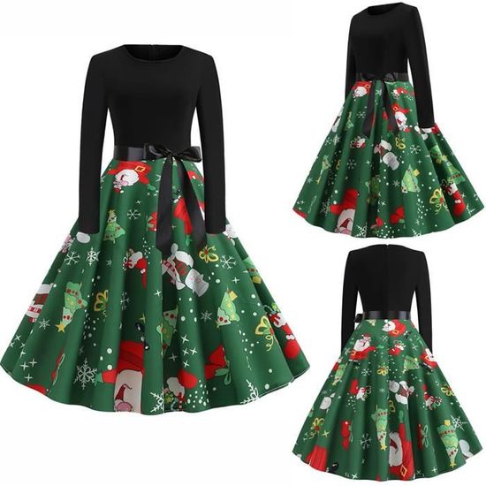 Robe femme Vintage Imprimé Manches Longues Col V Soirée de Noël