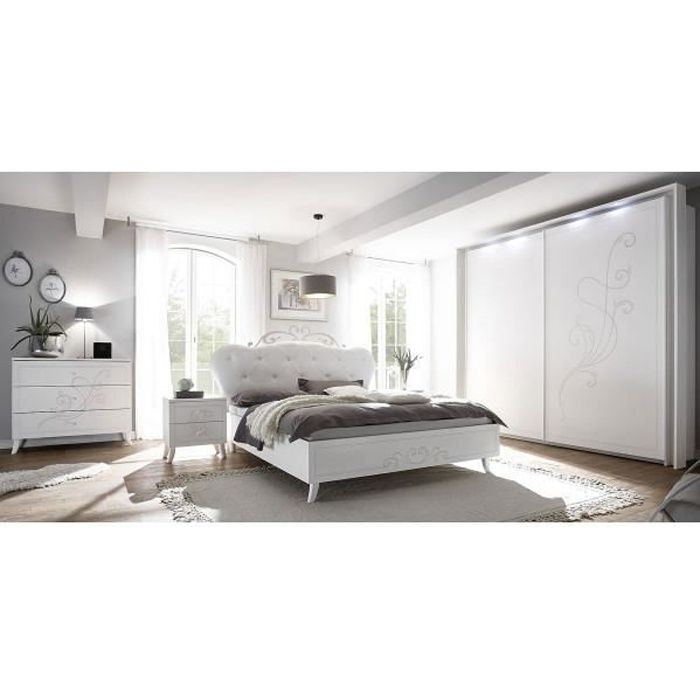 Chambre complète 160x200 Blanc - LADY - Blanc - Bois - Lit : L 192 x l 204 x H 110 cm - Armoire : L 265 x l 57 x H 238 cm - Commode
