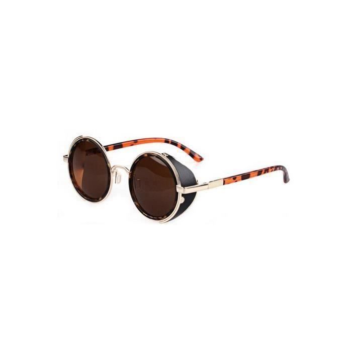 80's Lunettes de soleil de style vintage classique rond steampunk-Brun fonce avec bordure doree + Leopard