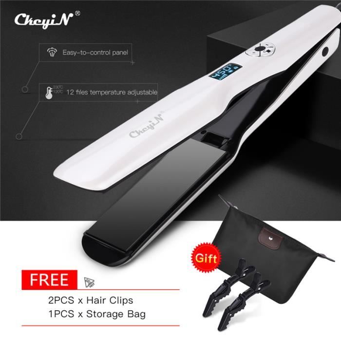 CKEYIN FER À LISSER PROFESSIONNEL AVER PLAQUES LARGE EN CÉRAMIQUE PTC ÉCRAN LCD TEMPÉRATURE DE 120℃ À 230℃