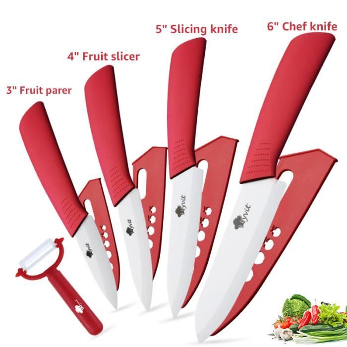Couteau en céramique , Ensembles de couteaux de cuisine Couteaux chef pour Couper Fruits Légumes Viande 5pcs/Set rouge
