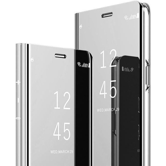 Luxe Coque Samsung Galaxy A52, Integral Protection Cuir Slim Translucide Clear View Cover Antichoc Support, Argent