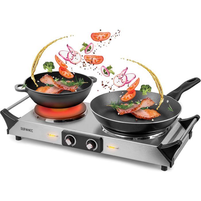 Duronic HP2SS Table de cuisson avec plaque en fonte d'acier en inox et poignées intégrées (1500W et 1000W)